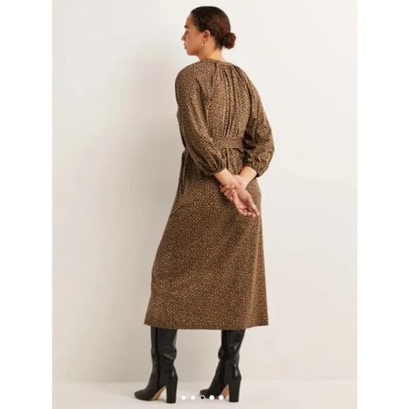 Boden Notch Neck Jersey Midi Dress Floral 3/4 Balloon Sleeve Belted, Brown - Picture 2 of 12